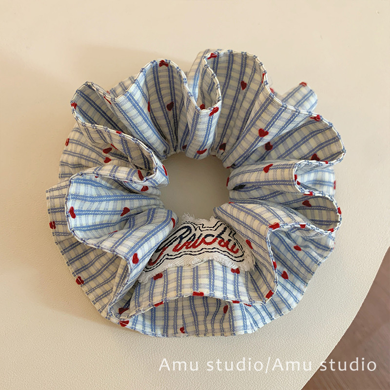 韩系蓝色格纹爱心双层大肠发圈女甜美扎头发丸子头发绳低马尾头绳