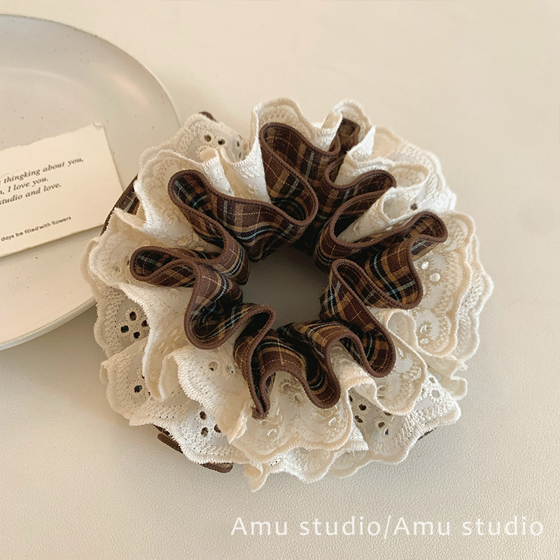 韩系咖啡色格纹蕾丝四层大肠发圈女气质扎头发丸子头发绳头绳发饰