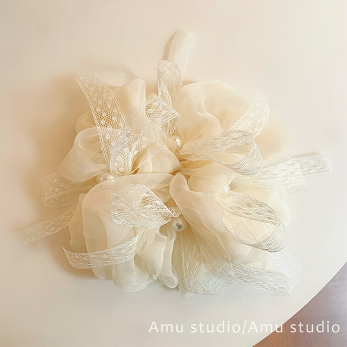 米色网纱蝴蝶结珍珠大肠发圈女韩系超仙扎头发丸子头发绳头绳皮筋