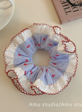 重工蓝色格子双层荷叶边大肠发圈女韩系慵懒风扎头发皮筋发绳头绳