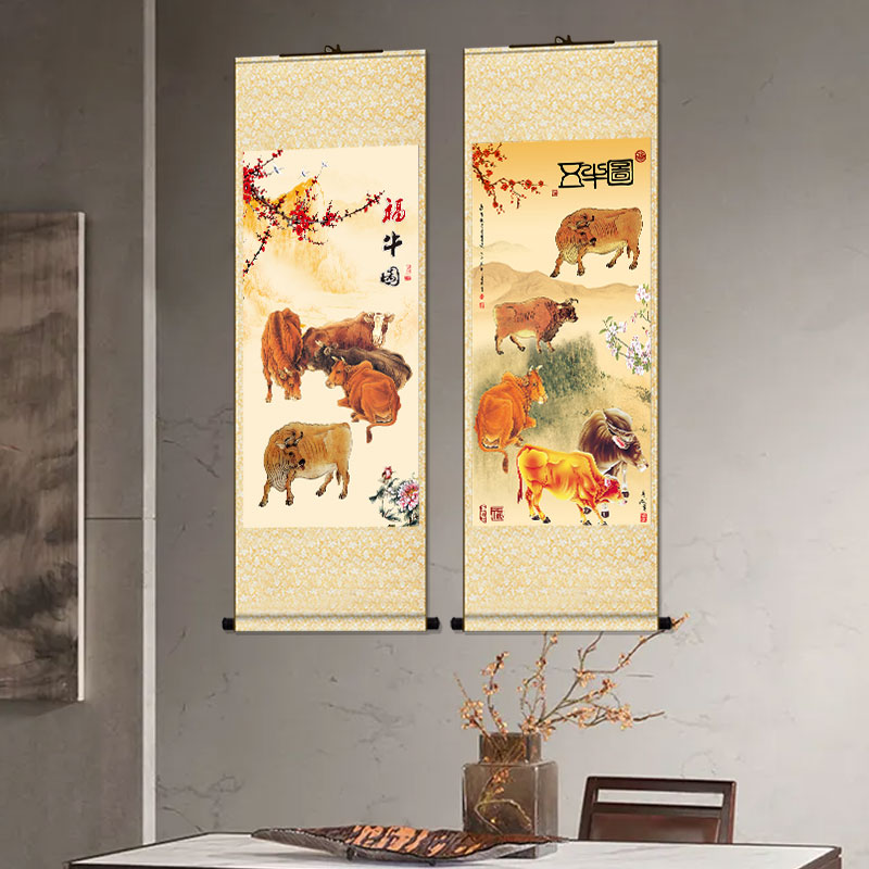 牛图挂画五牛图牛气冲天卷轴客厅办公室装饰画群牛画古代名画字画