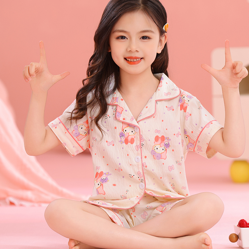 女童睡衣云朵棉夏天翻领开衫短袖美乐蒂卡通薄款空调家居服中大童