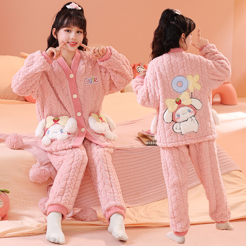 儿童冬季睡衣提花绒开衫小女孩加厚款美乐蒂公主套装家居服法兰绒