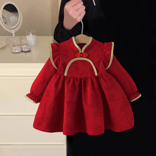 女宝旗袍裙秋季裙子红色新中式周岁生日公主国风礼服裙女童连衣裙