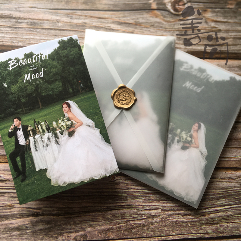 350g刚古纸彩色印刷创意森系婚礼邀请函请帖柬喜帖定制半透明信封