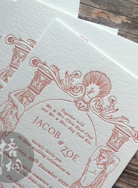 letterpress凸版凹印棉纸品创意婚礼粉红色邀请函请帖柬喜帖定制
