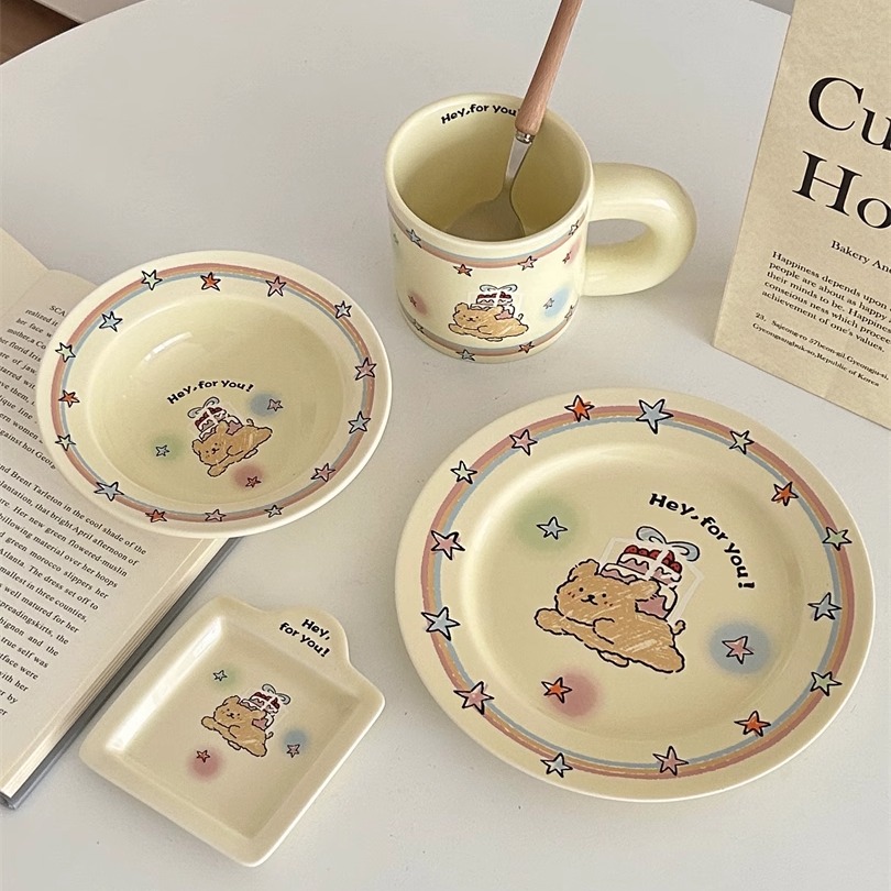 ins韩式可爱小狗奶呼呼餐具套装一人食陶瓷盘子早餐甜品沙拉碗