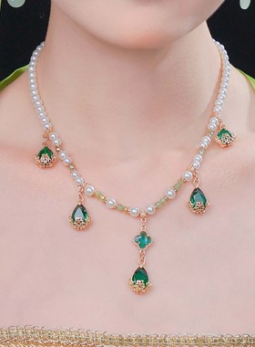 古风汉服宫廷演出绿色水滴吊坠软璎珞项链影楼拍摄写真项链配饰女