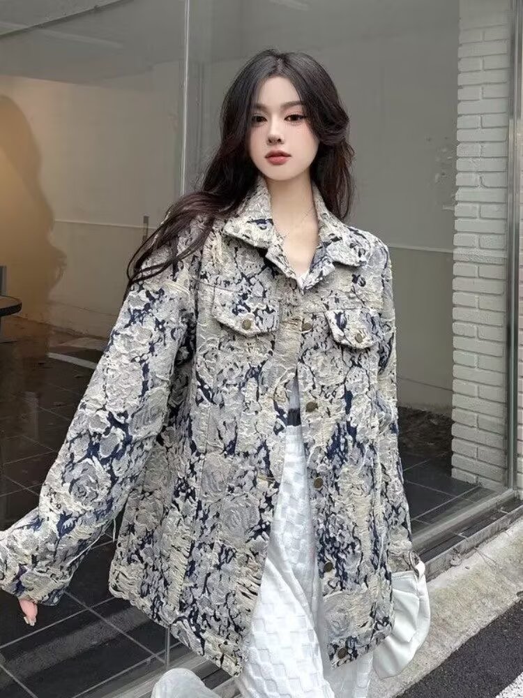 2026新款重工牛仔外套女春秋新款小众宽松夹克上衣中长款