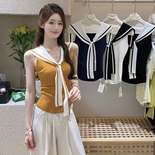 韩系简约设计感海军领系带收腰显瘦无袖 2025新款 背心女百搭针织