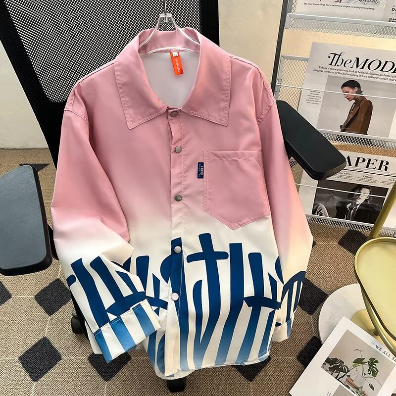 衬衫男长袖夏季潮牌易打理宽松休闲外套春秋款印花痞帅青少年衬衣