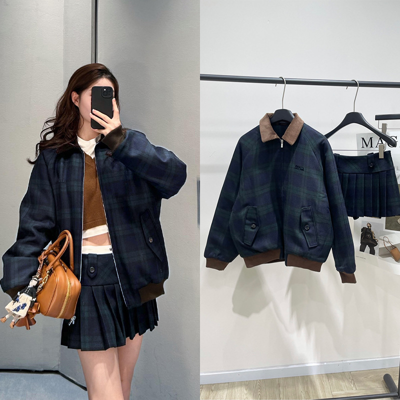 2025秋冬蓝绿格纹字母标拉链棉服外套贴布字母百褶短裙宽松上衣