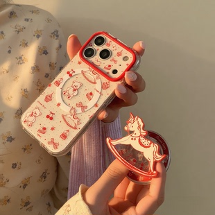 马年新年苹果17promax小马磁吸支架手机壳适用iPhone17pro喜庆红色透明硅胶16pro保护套精孔镜头全包15软壳14