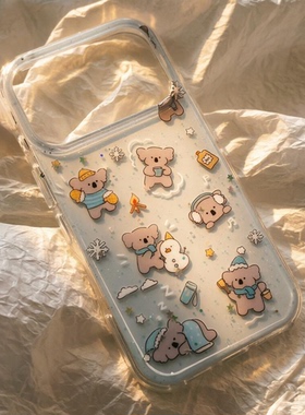 可爱满屏考拉适用iPhone17promax手机壳苹果17pro淡蓝色硅胶16pro软壳15带挂绳毛茸大孔防摔14保护壳卡通女款