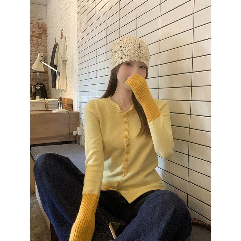 鹅黄色别致拼接打底针织开衫女秋冬新款修身显瘦甜辣绝美长袖外套
