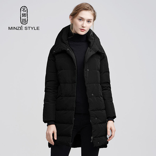 名师路冬季羽绒服女新款轻薄白鸭绒中长款时尚黑色保暖外套