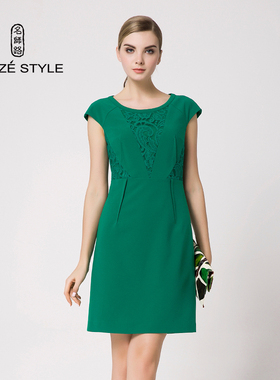 【清仓】名师路品牌夏季绿色圆领时尚拼接一步裙 连袖连衣裙