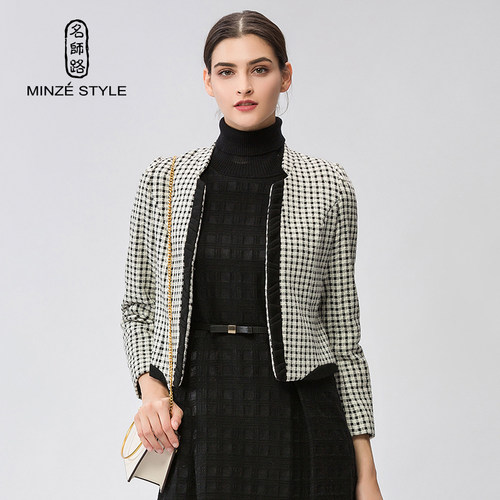 MINZE STYLE/名师路秋冬外套女新款长袖黑白格子短款上衣女
