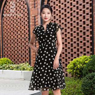 名师路雪纺a字连衣裙2024新款女夏季圆领短袖荷叶边中长裙中腰