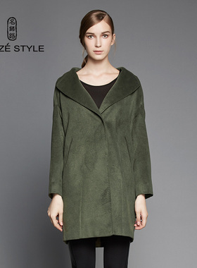 【清仓】名师路冬季军绿色翻领中长款修身长袖毛呢外套保暖大衣女