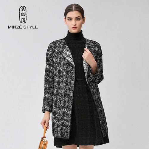 MINZE STYLE/名师路复古修身外套女新款秋冬黑色蕾丝格子大衣