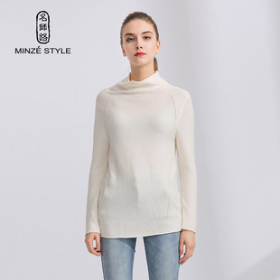 名师路冬季新款通勤简约纯色套头白色半高领宽松针织衫