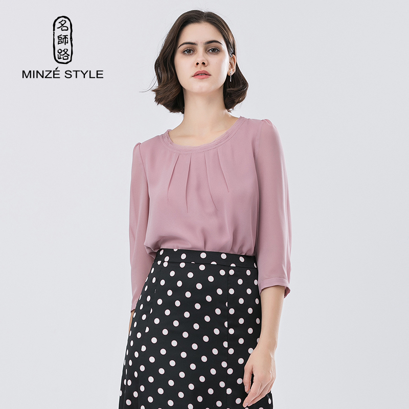 名师路春季新款肌理雪纺七分袖圆领套头前短后长下摆衬衫