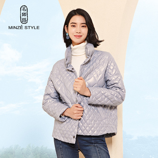 名师路短款羽绒服女款新款珠光白鸭绒立领直筒单排扣长袖