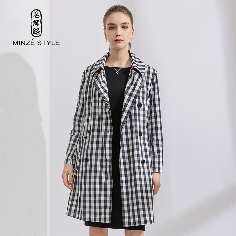 名师路风衣女中长款英伦风双排扣秋季外套女韩版黑白格宽松