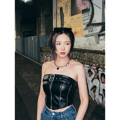 WouldYouPU皮抹胸拉链短款