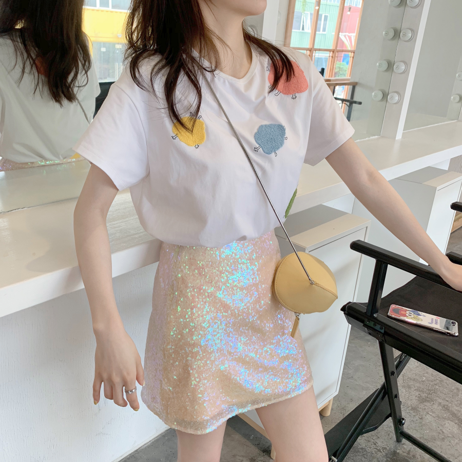 2023年夏季粉色a字裙亮片闪闪内设裙衬半身裙刺绣云朵T恤小个子女