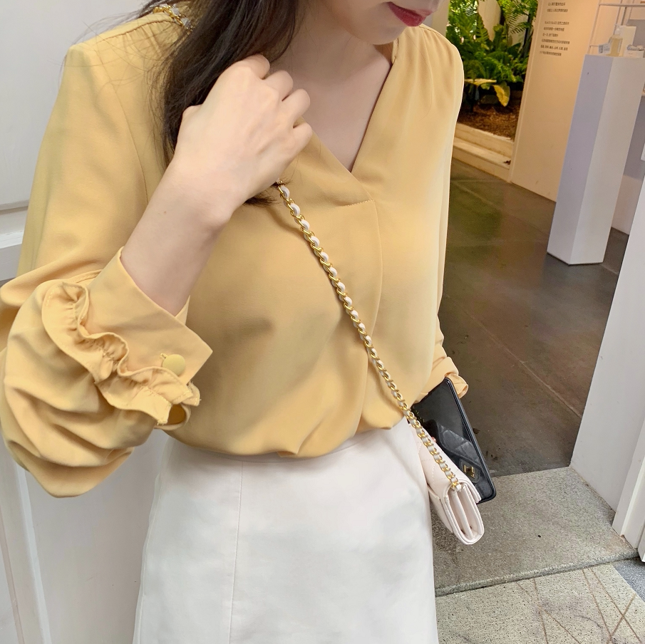 Tracystyle 通勤纯色套头女士长袖衬衫宽松荷叶边V领上衣轻薄透气
