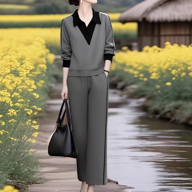 素雅订制女装原创品牌巨好看的运动高级感假两件卫衣阔腿裤两件套