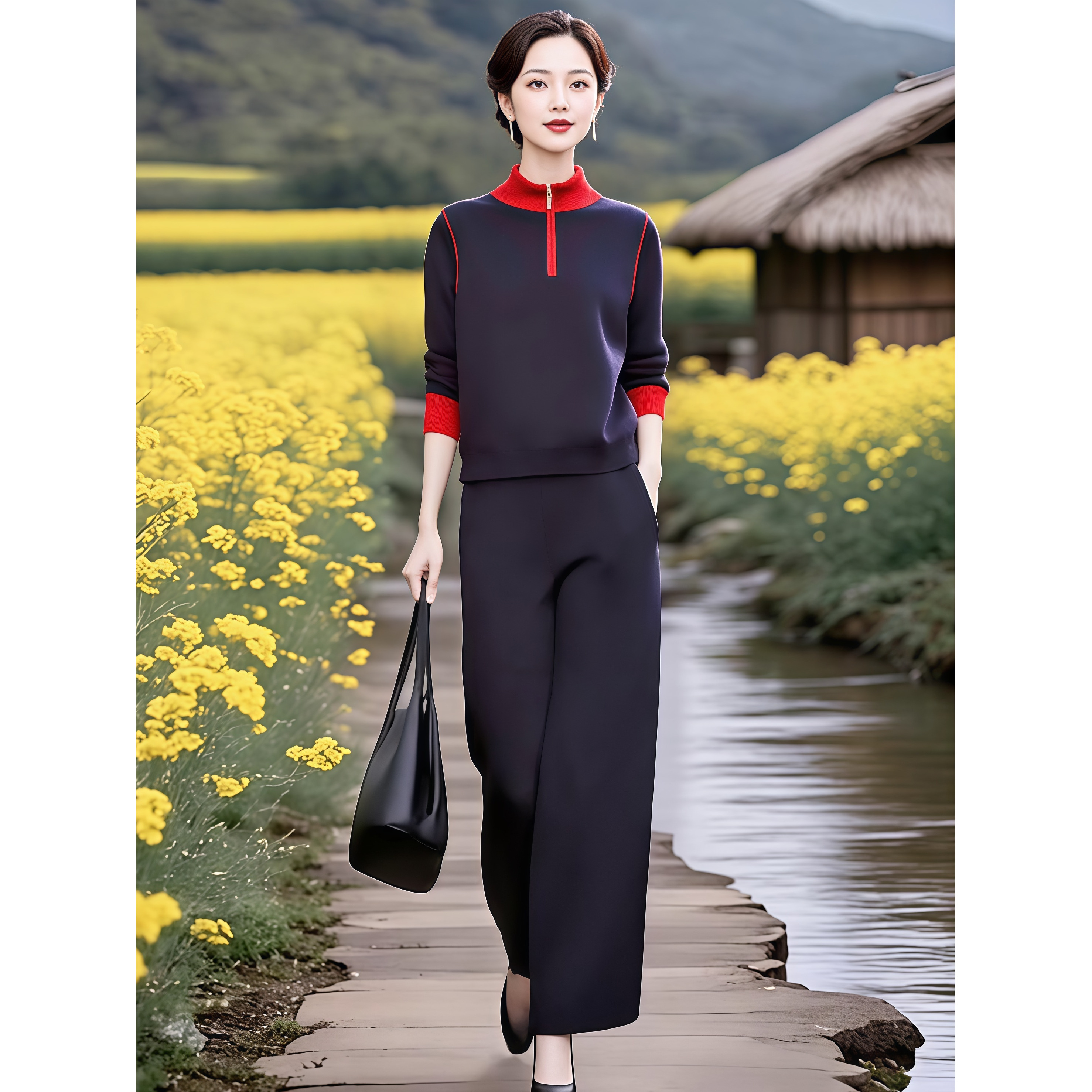 素雅订制女装原创品牌2025秋冬新款时尚休闲撞色针织衫阔腿裤套装