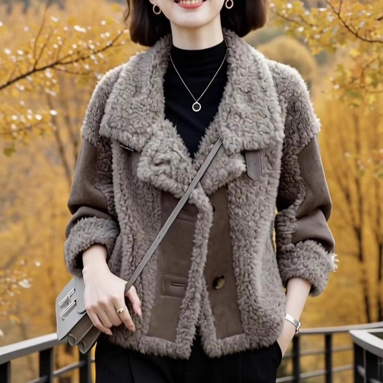 素雅订制女装原创品牌冬季新款时尚保暖颗粒绒仿羊羔毛皮草外套女
