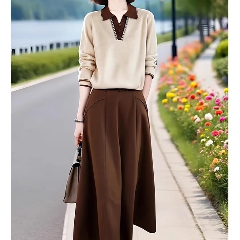 素雅订制女装原创品牌减龄妈妈装时尚百搭撞色针织衫半身裙两件套