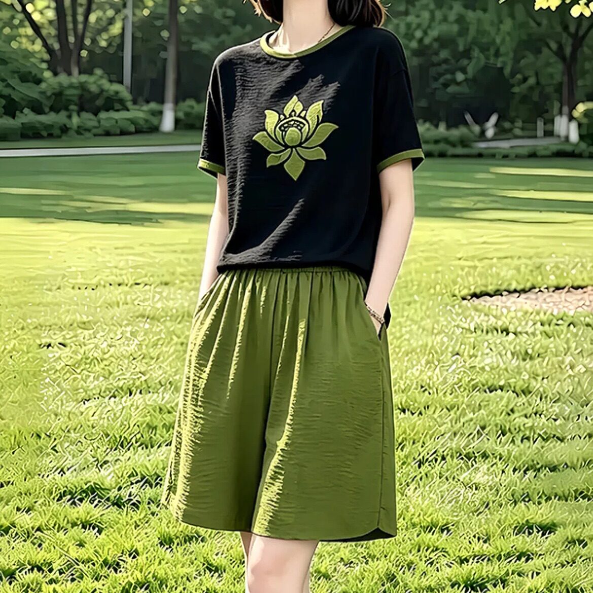 素雅订制女装原创品牌夏季新款短袖印花撞色上衣搭松紧腰短裤套装