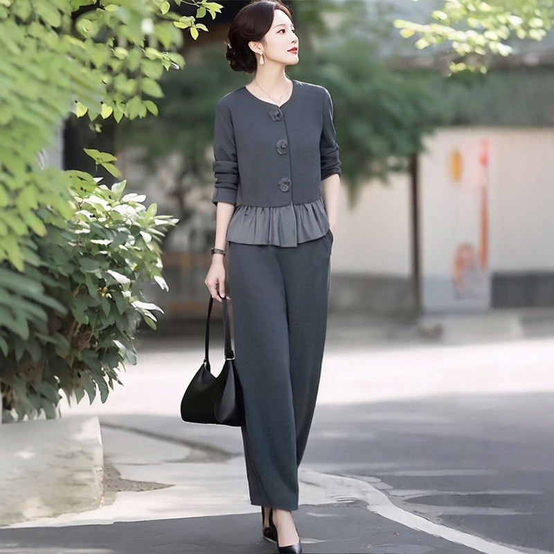 素雅订制女装原创品牌旗舰店新款下摆拼接上衣女松紧腰直筒裤套装