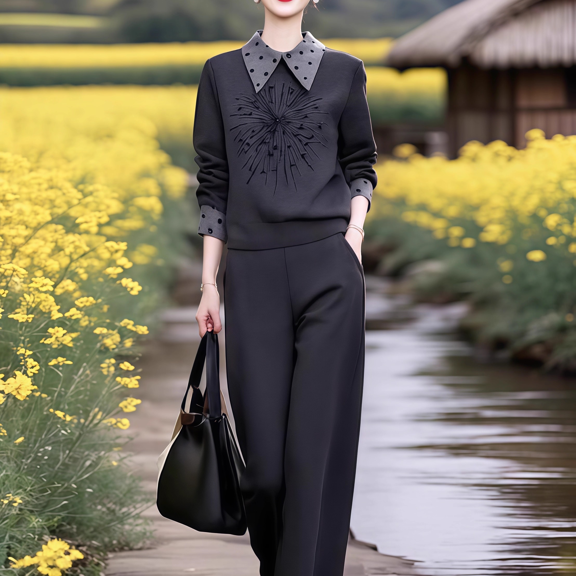 素雅订制女装原创品牌秋新款时尚洋气运动翻领卫衣卫裤休闲两件套