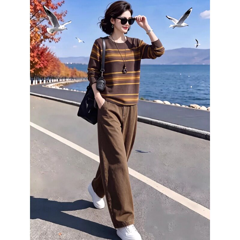 素雅订制女装原创品牌2026秋季复古条纹圆领长袖针织衫休闲香蕉裤