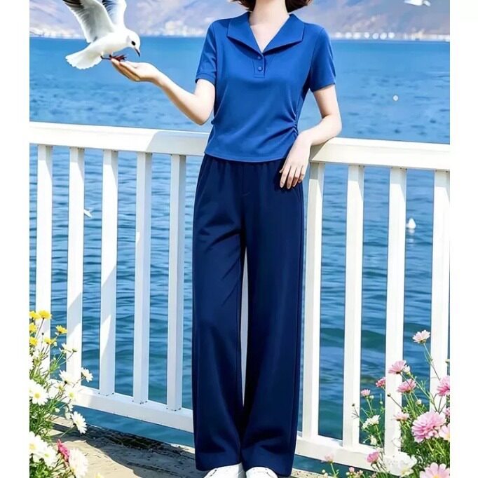 素雅订制女装原创品牌夏季翻领收腰短袖T恤松紧腰直筒裤两件套装