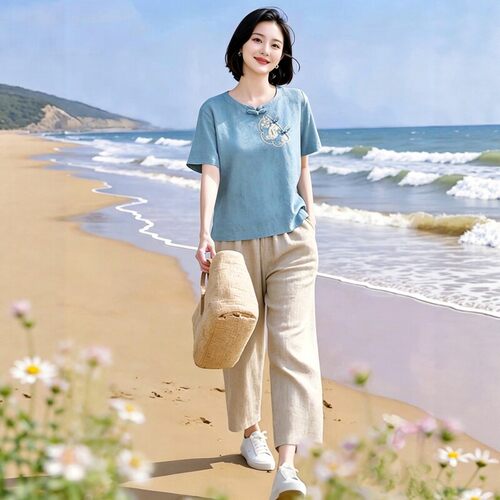 素雅订制女装原创品牌夏季新款短袖棉混纺盘扣小衫松紧腰裤子套装