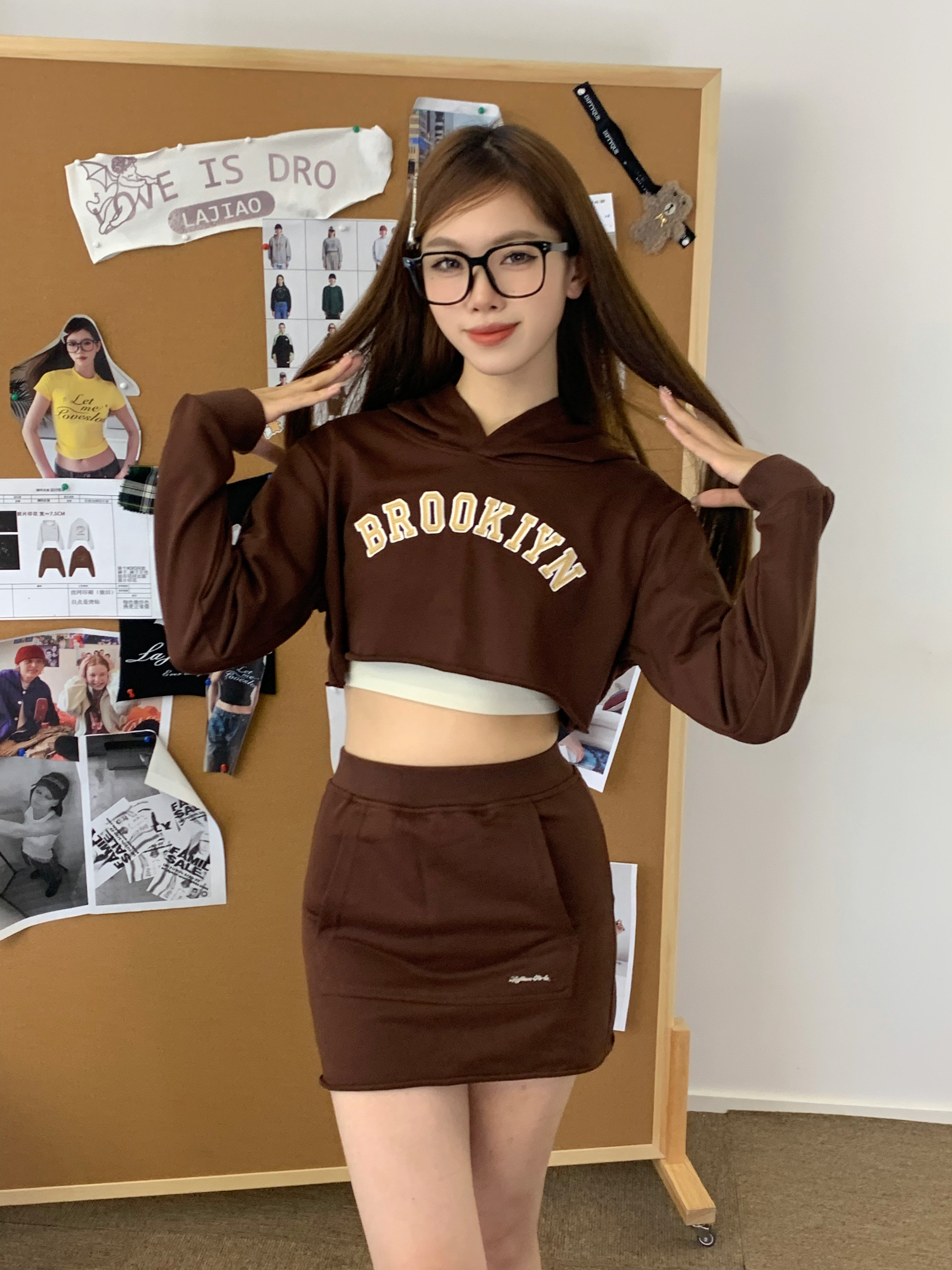 辣叫女孩原创美式复古学院风短卫衣纯棉套装连帽长袖上衣包臀半裙