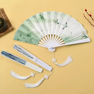 汉服扇子男童国风8寸塑料扇流苏吊坠国潮折扇儿童绢布古风撕不烂