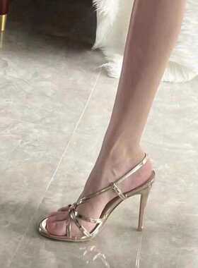 ABCXX新款罗马一字扣凉鞋女细跟新款金色性感宴会礼仪露趾高跟鞋