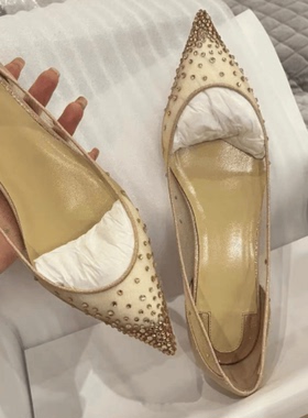 水晶鞋女2025新款蕾丝夏季平底尖头浅口红底网纱水钻单鞋镂空透气