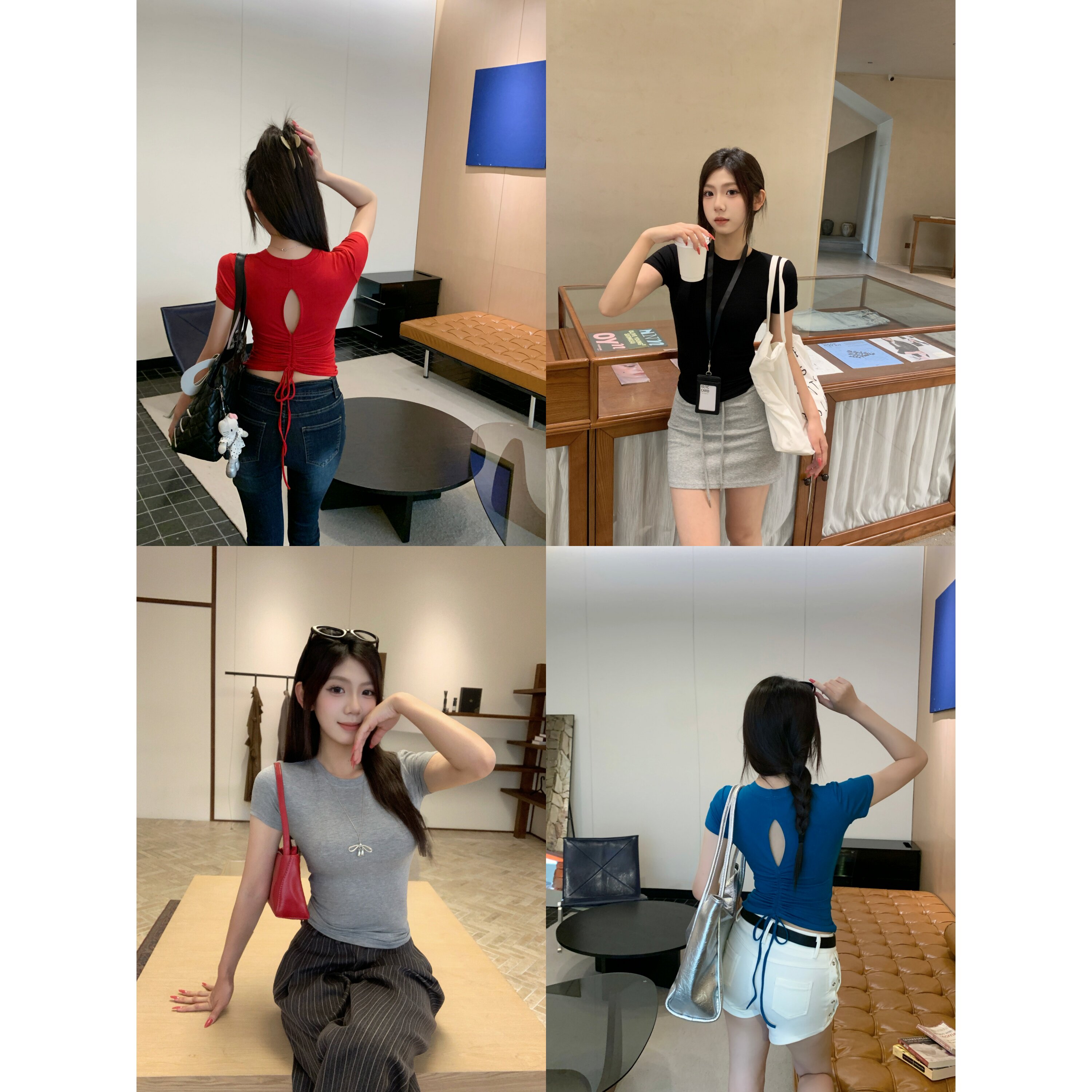 纯欲小心机露背镂空chic抽绳短袖T恤女夏季修身短款别致上衣26047