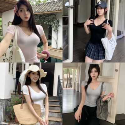 早春甜菜显瘦正肩t恤女夏季V领短袖t恤女短款修身收腰辣妹上�