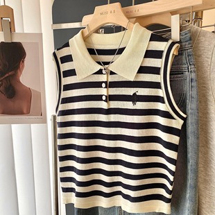 气质外穿高级感法式 修身 条纹上衣 背心女夏季 复古翻领刺绣针织无袖