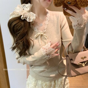 女春秋温柔洋气内搭上衣打底衫 千金风绝美V领蕾丝拼接长袖 针织衫